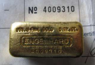 Engelhard Poured Ingot 5 Oz. Gold Bar 999.9 Fine w/COA  
