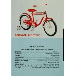 1961 Ad Defender Sky Cycle Bicycle Evans 6W841 Red Bike   Original 