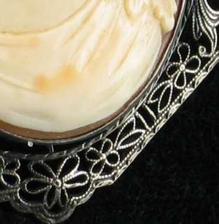 ANTIQUE EDWARDIAN CAMEO SILVER FILIGREE FLOWERS BROOCH  