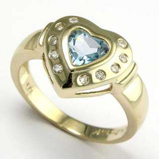 14k Solid Yellow Gold Diamond Aquamarine Heart Ring  