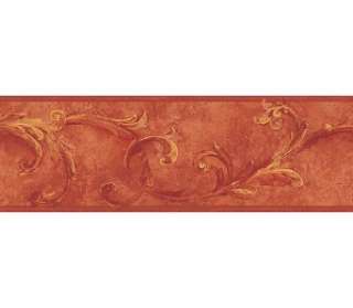 Wallpaper Border Gold Acanthus Scroll On Brick Red Faux  