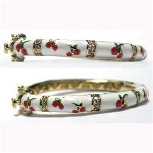Gold Plated Baby White Enamel Bangle w Red Cherries  