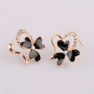 Black Enamel Flower Gold Plated Elegant Earring Jewelry  