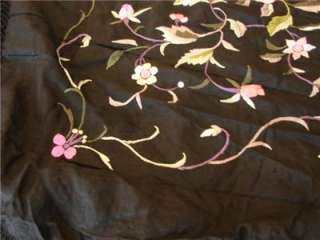 VINTAGE BLACK SILK EMBROIDERED FRINGED PIANO SCARF SHAWL TABLECLOTH 