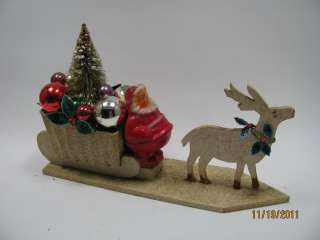   xmas Putz paper mache pulp santa wood sled reindeer bottle brush tree