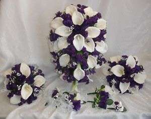   Flowers Set ~ PURPLE LAPIS ~ Calla Lilies Roses Bridal Bouquets NEW