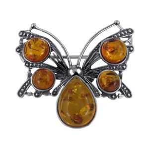  Sterling Silver Brown Amber Butterfly Brooch Pin 30mm Long 