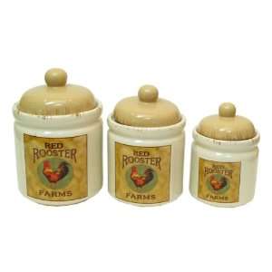  Red Rooster Ceramic Canister Set 3 Pieces