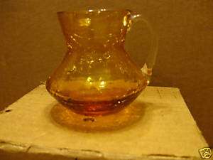 Vintage Crackle Glass Vase Amber Color w/Handle Small  