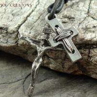 Mens Leather Cord Surfer Necklace w/ Cross Jesus Crucifix Pendant 