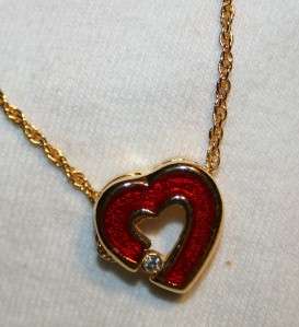 Delightful Red Enamel Sculpt Rhinestone Heart Necklace  