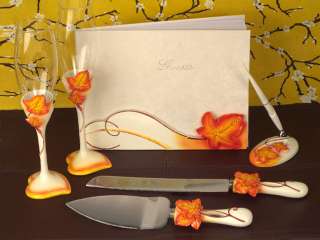 Splendid Autumn Fall Orange Wedding Guest Book/Pen Kinfe Flute Glasses 