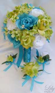 17pcs Wedding Bridal Bouquet Set Decoration Package Silk Flowers GREEN 