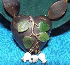 Victorian Mourning Horn MOP Jade Heart Shaped Necklace  