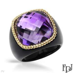 Genuine Fpj (TM) Ladies Ring. Black Onyx And Purple Amethyst Gemstones 