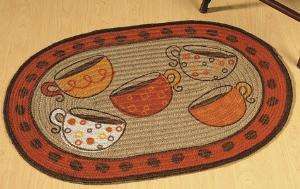 OVAL Shaped COFFEE CUPS Design Jute Kitchen RUG *NEW*  