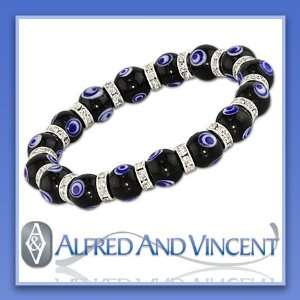   Glass Bead Turkish Charm Stretch Bracelet   Black Beads w/ Blue Eyes