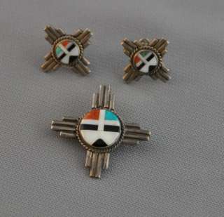 OLD INLAID ZUNI SILVER SET   EARRINGS + PIN   SUNFACE  
