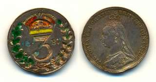 UK GREAT BRITAIN COIN 3 PENCE 1887 XF+ ENAMEL  