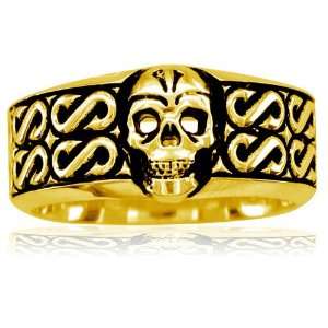 Mens or Ladies Wide Skull Ring with Black, Wedding Band with S Pattern 