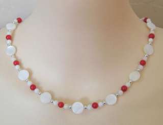 Genuine Mother of Pearl & Red Coral Necklace 16 New  
