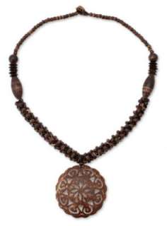FLORAL MEDALLION Coconut Shell NECKLACE Thai Art Necklaces & Pendants 