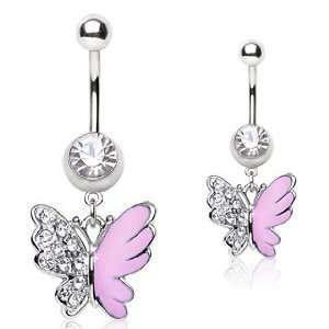  Steel Belly Button Ring Barbell with Two Tone Butterfly Shaped 