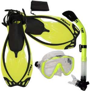 Snorkeling Scuba Dive Mask Dry Snorkel Fins Gear Bag Set, Yellow, ML 
