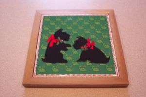 Vintage scottie scotty Christmas tile in wood frame  