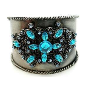   Vintage Style Blue Lucite Crystals Wide Armor Cuff Bracelet Jewelry